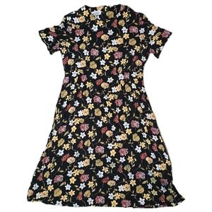 Vintage Black Floral Midi Dress Short Sleeve ALine Women Size MD Impressions (z)